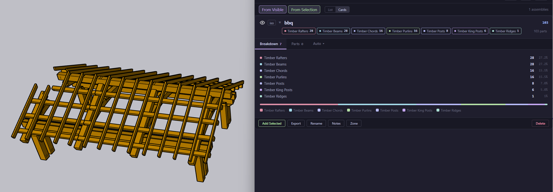Assembly card showing a BBQ structure with category breakdown and timber beam inventory